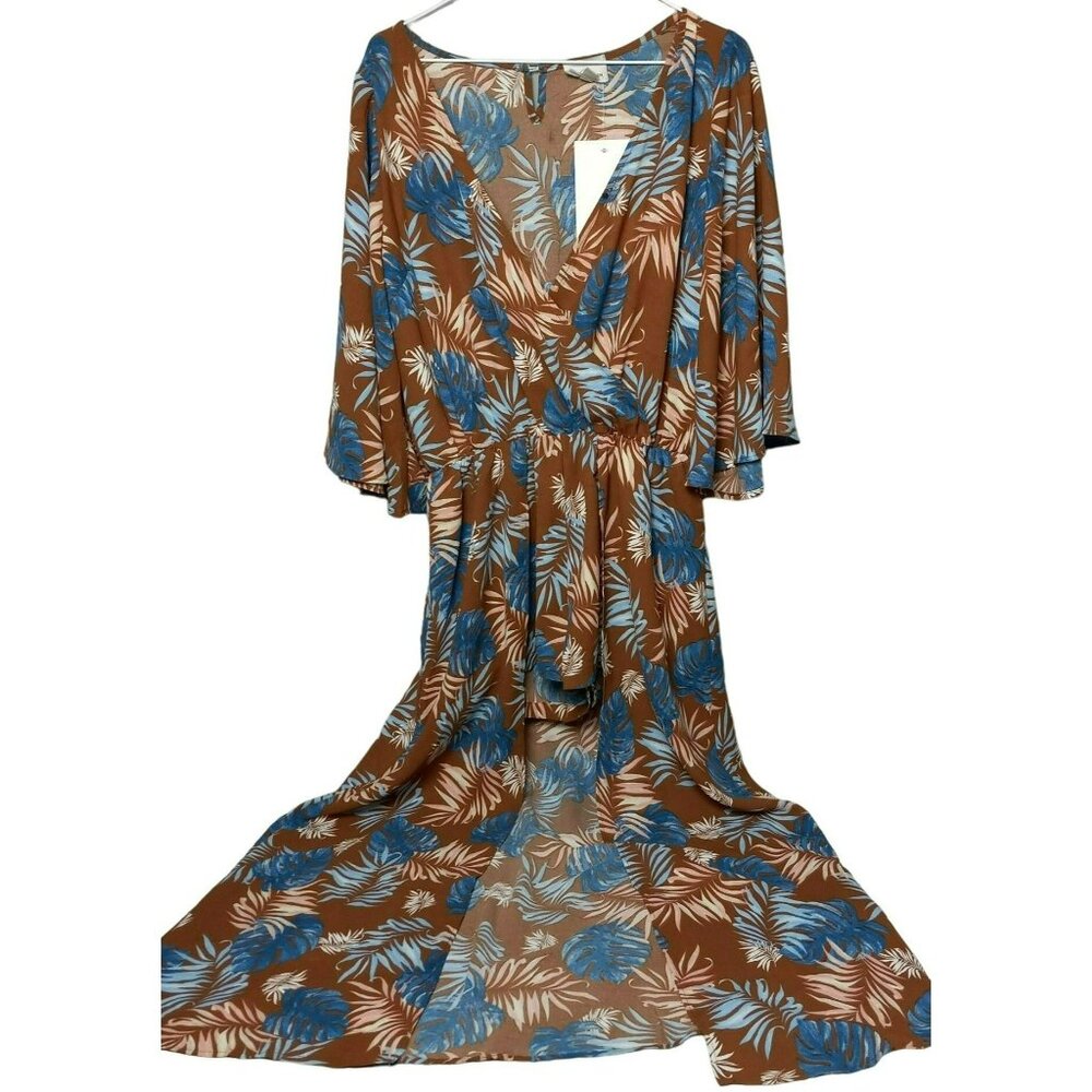 Blu Heaven Maxi Dress Women Small Tropical Beachy Boho V Neck Brown Blue NWT‎